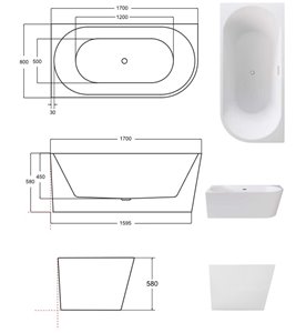 Wanna przyścienna czarno-biała narożna lewa syfon z przelewem złoty 170 cm Zoya B&W Besco WAS-170ZBLZ