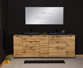 Szafka łazienkowa z czarnymi umywalkami nablatowymi dąb naturalny 210 cm Victa Gante