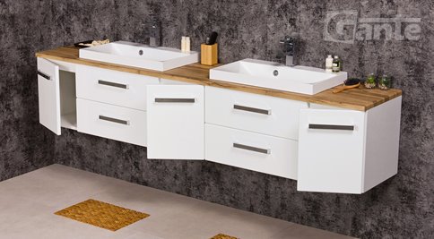 Szafka wisząca z dwiema umywalkami 210 cm z blatem w kolorze dąb naturalny 210/39/C2 seria Fokus B