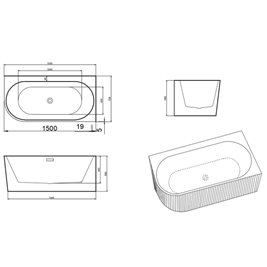 Wanna ryflowana przyścienna narożna prawa korek oraz przelew czarny 150 cm Rio Hydrosan