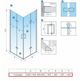 Złota kabina prysznicowa drzwi składane prostokątna 110x90 KZ13BG