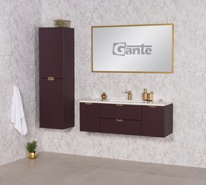 Burgundowa szafka łazienkowa wisząca z umywalką złoty uchwyt 120 cm Magnolia