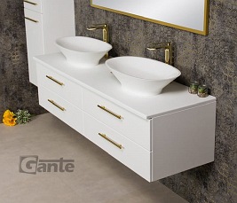 Szafka wisząca biały mat z dwiema umywalkami nablatowymi 160/50 cm Belli Gold Gante