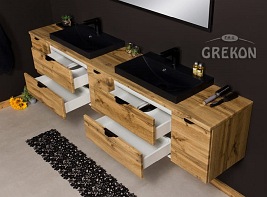 Szafka łazienkowa wisząca 2 x czarna umywalka nablatowa dąb naturalny 210 cm Victa Gante