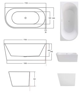 Wanna przyścienna czarno-biała narożna prawa syfon z przelewem biały 170 cm Zoya B&W Besco WAS-170ZBPB