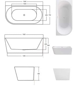 Wanna przyścienna czarno-biała narożna prawa syfon z przelewem biały 150 cm Zoya B&W Besco WAS-150ZBPB