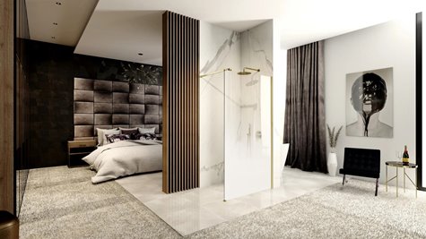 Złota szczotkowana ścianka prysznicowa 110 cm biała szyba Aero Ombre Rea