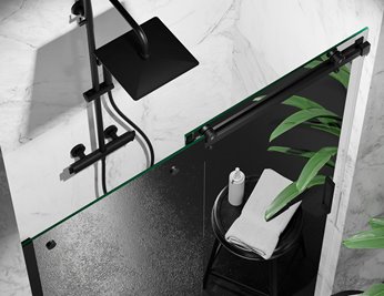 Drzwi prysznicowe rozsuwane prawe/lewe do wnęki 93-97 cm szkło 8mm grafitowe profile czarny mat Swiss Liniger