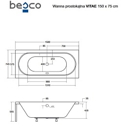 Czarno-biała wanna prostokątna z obudową akrylowa Vitae Besco 150 cm