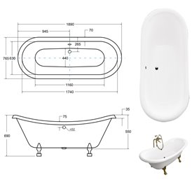 Wanna wolnostojąca Amelia Besco 190 czarne Łapy WKA-190W+CZ