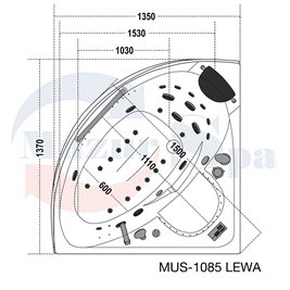 Wanna z hydromasażem narożna lewa 135x135 cm MUS-1085