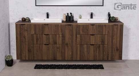 Szafka łazienkowa z lamelami wisząca z dwiema umywalkami nablatowymi 210 cm 39/3 Victa Lamello kolor orzech