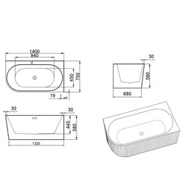 Wanna ryflowana przyścienna narożna prawa 140 cm Rio Hydrosan