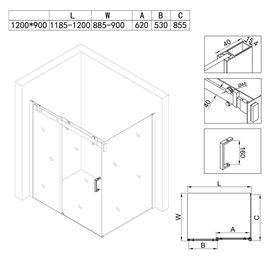 Kabina prysznicowa prostokątna 8 mm szkło 120x90 drzwi rozsuwane ZBD-900