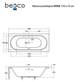 Czarno-biała wanna prostokątna z obudową akrylowa Vitae Besco 170 cm
