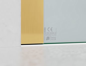 Drzwi prysznicowe rozsuwane prawe/lewe do wnęki 93-97 cm szkło 8mm mleczne profile złoty mat Swiss Liniger