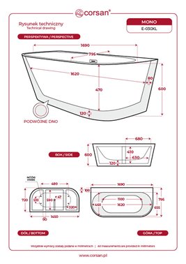 Wanna akrylowa, przyścienna wolnostojąca szeroka krawędź Mono Corsan 170 cm korek klik-klak grafit