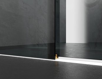 Drzwi prysznicowe rozsuwane prawe/lewe do wnęki 152-161 cm szkło 8mm grafitowe profile złoty mat Swiss Liniger