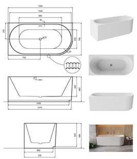Denaya Besco B&W czarno-biała wanna wolnostojąca 150 cm lewa syfon złoty WASB-150DLG