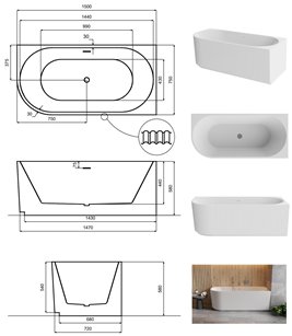 Denaya Besco B&W czarno-biała wanna wolnostojąca 150 cm prawa syfon czarny WASB-150DPB