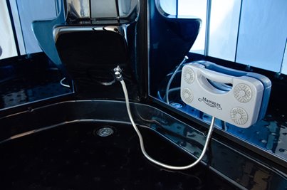 Czarna kabina prysznicowa z hydromasażem i sauną parową zabudowana 120x85 MO-02188BPS prawa