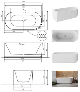 Denaya Besco B&W czarno-biała wanna wolnostojąca 170 cm lewa syfon czarny WASB-170DLB