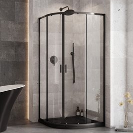 Zarya Besco czarna kabina prysznicowa 90x90 powłoka ProClean + czarny brodzik 4,5 cm Axim Stone Effect Black