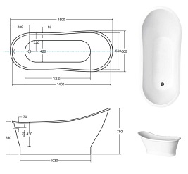 Matowa wanna wolnostojąca 150 cm syfon klik-klak biały Gloria Besco WMMB-150GLW