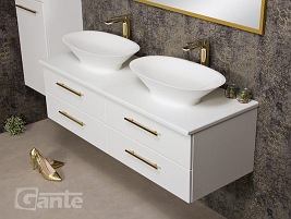 Szafka wisząca biały mat z dwiema umywalkami nablatowymi 140/50 cm Belli Gold Gante