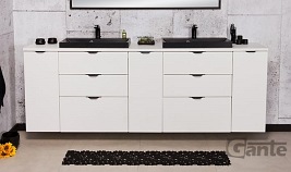 Biała matowa szafka łazienkowa z dwiema czarnymi umywalkami 210 cm Liv 2 Victa