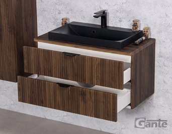 Szafka łazienkowa z lamelami wisząca z czarną umywalką nablatową 80 cm 39/2 Victa Lamello kolor orzech