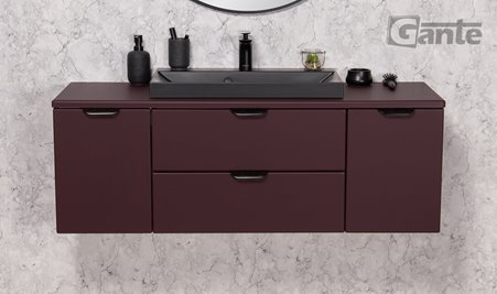 Burgundowa szafka łazienkowa wisząca z czarną umywalką nablatową czarny uchwyt 120 cm Magnolia