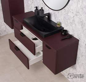 Burgundowa szafka łazienkowa wisząca z czarną umywalką nablatową czarny uchwyt 120 cm Magnolia