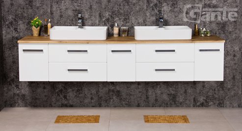 Szafka wisząca z dwiema umywalkami nablatowymi 210 cm z blatem w kolorze dąb naturalny 210/39/C2 seria Fokus B