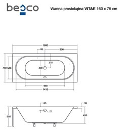 Czarno-biała wanna prostokątna z obudową akrylowa Vitae Besco 160 cm