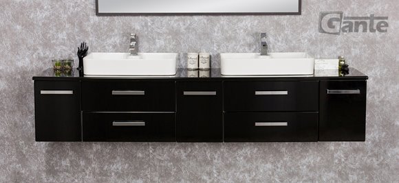 Czarna Szafka wisząca z dwiema umywalkami 210 cm LUNAC2 seria Fokus C