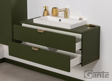 Szafka łazienkowa oliwkowa z umywalką nablatową złoty uchwyt 100 cm Magnolia Gante