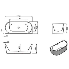 Wanna wolnostojąca przyścienna korek oraz przelew biały 170 cm Carlo Hydrosan