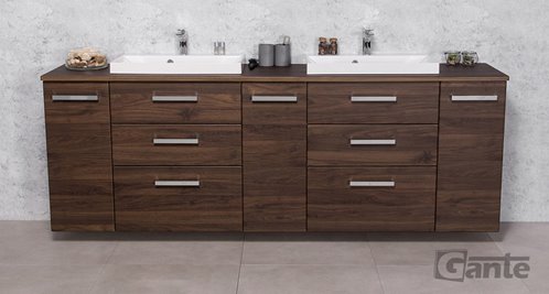 Szafka łazienkowa wisząca z dwiema umywalkami nablatowymi 210 cm 39/3 Fokus kolor orzech