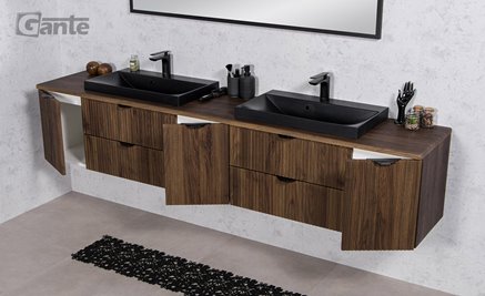 Szafka łazienkowa z lamelami wisząca z dwiema czarnymi umywalkami nablatowymi 210 cm 39/2 Victa Lamello kolor orzech