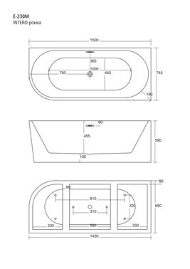 Wanna narożna przyścienna 150 cm Intero Corsan Prawa korek klik-klak chrom