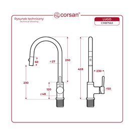 Bateria kuchenna z wyciąganą wylewką chrom CMB7563CH Lugo Corsan zdjęcie 4