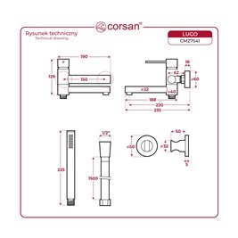 Bateria wannowa natynkowa chrom CMZ7541CH Lugo Corsan zdjęcie 3