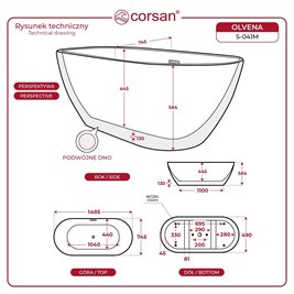 Wanna akrylowa, wolnostojąca Olvena Corsan 150 cm korek klik-klak biały