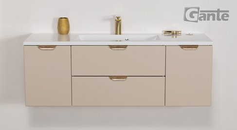 Piaskowa szafka łazienkowa wisząca z umywalką złoty uchwyt 120 cm Magnolia