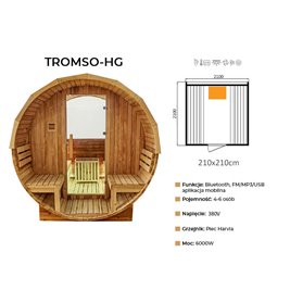 Sauna fińska ogrodowa zewnętrzna beczka 6 osobowa 210x210 Tromso-HG