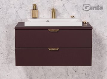 Burgundowa szafka łazienkowa wisząca z białą umywalką nablatową złoty uchwyt 80 cm Magnolia