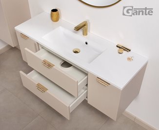 Piaskowa szafka łazienkowa wisząca z umywalką złoty uchwyt 120 cm Magnolia