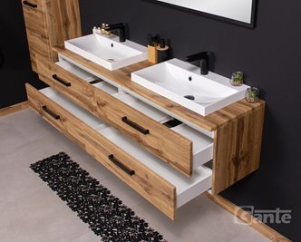 Szafka wisząca z dwiema białymi umywalkami nablatowymi 160 cm kolor dąb naturalny seria Fokus Loft Gante