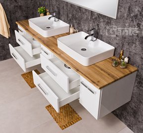 Szafka wisząca z dwiema umywalkami nablatowymi 210 cm z blatem w kolorze dąb naturalny 210/39/C2 seria Fokus B